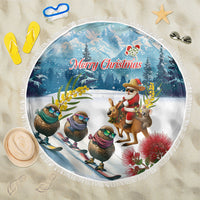 New Zealand and Australia Merry Christmas Beach Blanket Kiwi Birds Skiing and Koala Santa Riding Kangaroo