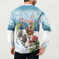 New Zealand and Australia Merry Christmas Button Sweatshirt Kiwi Birds Skiing and Koala Santa Riding Kangaroo
