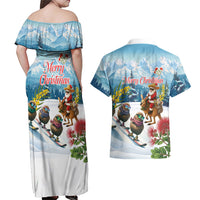 New Zealand and Australia Merry Christmas Couples Matching Off Shoulder Maxi Dress and Hawaiian Shirt Kiwi Birds Skiing and Koala Santa Riding Kangaroo