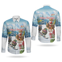 New Zealand and Australia Merry Christmas Couples Matching Off Shoulder Short Dress and Long Sleeve Button Shirt Kiwi Birds Skiing and Koala Santa Riding Kangaroo LT03 - Polynesian Pride