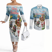 New Zealand and Australia Merry Christmas Couples Matching Off The Shoulder Long Sleeve Dress and Long Sleeve Button Shirt Kiwi Birds Skiing and Koala Santa Riding Kangaroo LT03 Multicolor - Polynesian Pride