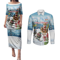 New Zealand and Australia Merry Christmas Couples Matching Puletasi and Long Sleeve Button Shirt Kiwi Birds Skiing and Koala Santa Riding Kangaroo LT03 Multicolor - Polynesian Pride
