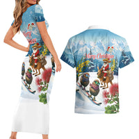 New Zealand and Australia Merry Christmas Couples Matching Short Sleeve Bodycon Dress and Hawaiian Shirt Kiwi Birds Skiing and Koala Santa Riding Kangaroo