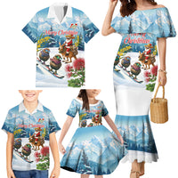 New Zealand and Australia Merry Christmas Family Matching Mermaid Dress and Hawaiian Shirt Kiwi Birds Skiing and Koala Santa Riding Kangaroo