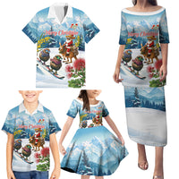 New Zealand and Australia Merry Christmas Family Matching Puletasi and Hawaiian Shirt Kiwi Birds Skiing and Koala Santa Riding Kangaroo