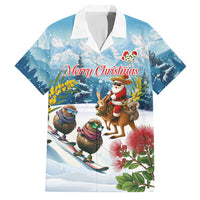 New Zealand and Australia Merry Christmas Family Matching Short Sleeve Bodycon Dress and Hawaiian Shirt Kiwi Birds Skiing and Koala Santa Riding Kangaroo