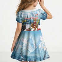 New Zealand and Australia Merry Christmas Kid Short Sleeve Dress Kiwi Birds Skiing and Koala Santa Riding Kangaroo LT03 - Polynesian Pride