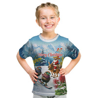 New Zealand and Australia Merry Christmas Kid T Shirt Kiwi Birds Skiing and Koala Santa Riding Kangaroo