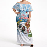 New Zealand and Australia Merry Christmas Off Shoulder Maxi Dress Kiwi Birds Skiing and Koala Santa Riding Kangaroo LT03 Women Multicolor - Polynesian Pride