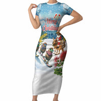 New Zealand and Australia Merry Christmas Short Sleeve Bodycon Dress Kiwi Birds Skiing and Koala Santa Riding Kangaroo LT03 Long Dress Multicolor - Polynesian Pride