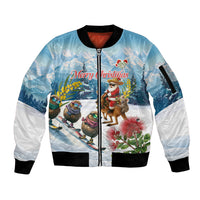 New Zealand and Australia Merry Christmas Sleeve Zip Bomber Jacket Kiwi Birds Skiing and Koala Santa Riding Kangaroo