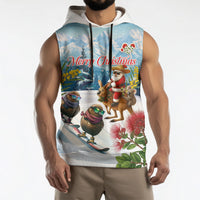 New Zealand and Australia Merry Christmas Sleeveless Hoodie Kiwi Birds Skiing and Koala Santa Riding Kangaroo