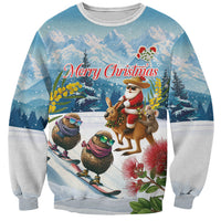 New Zealand and Australia Merry Christmas Sweatshirt Kiwi Birds Skiing and Koala Santa Riding Kangaroo