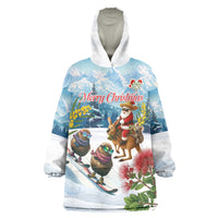 New Zealand and Australia Merry Christmas Wearable Blanket Hoodie Kiwi Birds Skiing and Koala Santa Riding Kangaroo