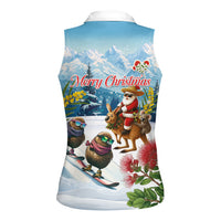 New Zealand and Australia Merry Christmas Women Sleeveless Polo Shirt Kiwi Birds Skiing and Koala Santa Riding Kangaroo