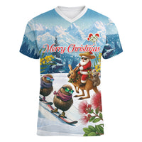 New Zealand and Australia Merry Christmas Women V-Neck T-Shirt Kiwi Birds Skiing and Koala Santa Riding Kangaroo