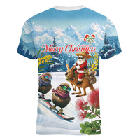 New Zealand and Australia Merry Christmas Women V-Neck T-Shirt Kiwi Birds Skiing and Koala Santa Riding Kangaroo