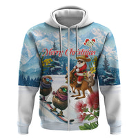 New Zealand and Australia Merry Christmas Zip Hoodie Kiwi Birds Skiing and Koala Santa Riding Kangaroo LT03 Zip Hoodie Multicolor - Polynesian Pride
