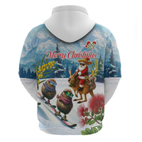 New Zealand and Australia Merry Christmas Zip Hoodie Kiwi Birds Skiing and Koala Santa Riding Kangaroo