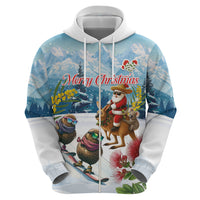 New Zealand and Australia Merry Christmas Zip Hoodie Kiwi Birds Skiing and Koala Santa Riding Kangaroo