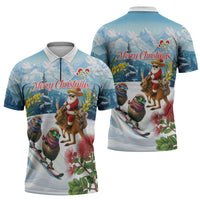 New Zealand and Australia Merry Christmas Zipper Polo Shirt Kiwi Birds Skiing and Koala Santa Riding Kangaroo