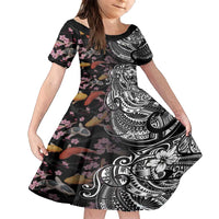 Hawaiian and Japanese Together Family Matching Summer Maxi Dress and Hawaiian Shirt Polynesian Triball Tattoo Koi Carps and Sakura LT03 Daughter's Dress Black - Polynesian Pride