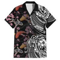 Hawaiian and Japanese Together Family Matching Summer Maxi Dress and Hawaiian Shirt Polynesian Triball Tattoo Koi Carps and Sakura LT03 Dad's Shirt - Short Sleeve Black - Polynesian Pride