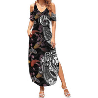 Hawaiian and Japanese Together Family Matching Summer Maxi Dress and Hawaiian Shirt Polynesian Triball Tattoo Koi Carps and Sakura LT03 Mom's Dress Black - Polynesian Pride
