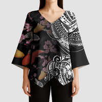 Hawaiian and Japanese Together Kimono Sleeve Blouse Polynesian Triball Tattoo Koi Carps and Sakura - Polynesian Pride