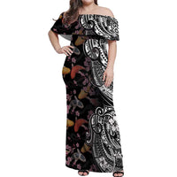 Hawaiian and Japanese Together Off Shoulder Maxi Dress Polynesian Triball Tattoo Koi Carps and Sakura