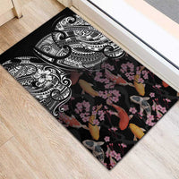 Hawaiian and Japanese Together Rubber Doormat Polynesian Triball Tattoo Koi Carps and Sakura