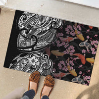 Hawaiian and Japanese Together Rubber Doormat Polynesian Triball Tattoo Koi Carps and Sakura