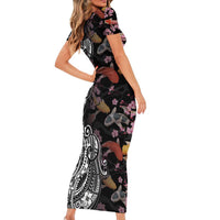 Hawaiian and Japanese Together Short Sleeve Bodycon Dress Polynesian Triball Tattoo Koi Carps and Sakura