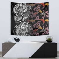 Hawaiian and Japanese Together Tapestry Polynesian Triball Tattoo Koi Carps and Sakura