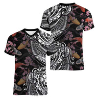Hawaiian and Japanese Together Women V-Neck T-Shirt Polynesian Triball Tattoo Koi Carps and Sakura