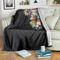 Hawaiian and Japanese Together Blanket Colorful Traditional Japanese Tattoo and Kakau Pattern Black Color