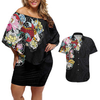 Hawaiian and Japanese Together Couples Matching Off Shoulder Short Dress and Hawaiian Shirt Colorful Traditional Japanese Tattoo and Kakau Pattern Black Color