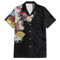 Hawaiian and Japanese Together Family Matching Off The Shoulder Long Sleeve Dress and Hawaiian Shirt Colorful Traditional Japanese Tattoo and Kakau Pattern Black Color LT03 Dad's Shirt - Short Sleeve Black - Polynesian Pride