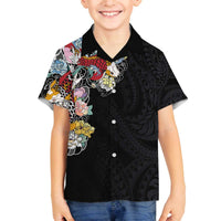 Hawaiian and Japanese Together Family Matching Off Shoulder Short Dress and Hawaiian Shirt Colorful Traditional Japanese Tattoo and Kakau Pattern Black Color LT03 Son's Shirt Black - Polynesian Pride
