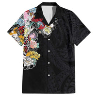 Hawaiian and Japanese Together Family Matching Summer Maxi Dress and Hawaiian Shirt Colorful Traditional Japanese Tattoo and Kakau Pattern Black Color LT03 Dad's Shirt - Short Sleeve Black - Polynesian Pride