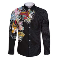 Hawaiian and Japanese Together Family Matching Summer Maxi Dress and Hawaiian Shirt Colorful Traditional Japanese Tattoo and Kakau Pattern Black Color LT03 Dad's Shirt - Long Sleeve Black - Polynesian Pride