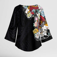 Hawaiian and Japanese Together Kimono Sleeve Blouse Colorful Traditional Japanese Tattoo and Kakau Pattern Black Color - Polynesian Pride