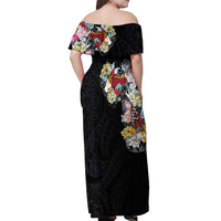 Hawaiian and Japanese Together Off Shoulder Maxi Dress Colorful Traditional Japanese Tattoo and Kakau Pattern Black Color