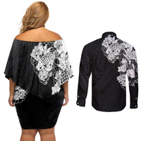Hawaiian and Japanese Together Couples Matching Off Shoulder Short Dress and Long Sleeve Button Shirt Japanese Koi Fish Tattoo and Kakau Pattern Black Color