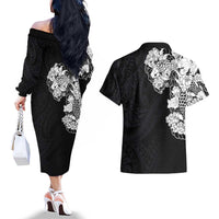 Hawaiian and Japanese Together Couples Matching Off The Shoulder Long Sleeve Dress and Hawaiian Shirt Japanese Koi Fish Tattoo and Kakau Pattern Black Color