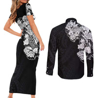 Hawaiian and Japanese Together Couples Matching Short Sleeve Bodycon Dress and Long Sleeve Button Shirt Japanese Koi Fish Tattoo and Kakau Pattern Black Color
