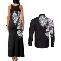 Hawaiian and Japanese Together Couples Matching Tank Maxi Dress and Long Sleeve Button Shirt Japanese Koi Fish Tattoo and Kakau Pattern Black Color