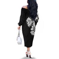 Hawaiian and Japanese Together Family Matching Off The Shoulder Long Sleeve Dress and Hawaiian Shirt Japanese Koi Fish Tattoo and Kakau Pattern Black Color LT03 - Polynesian Pride
