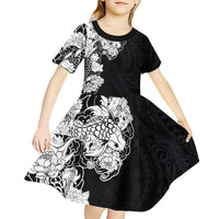 Hawaiian and Japanese Together Kid Short Sleeve Dress Japanese Koi Fish Tattoo and Kakau Pattern Black Color