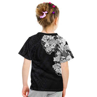 Hawaiian and Japanese Together Kid T Shirt Japanese Koi Fish Tattoo and Kakau Pattern Black Color